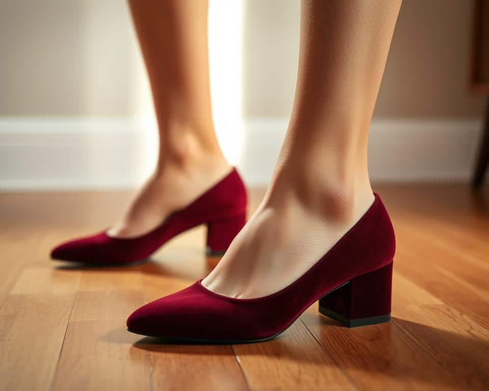 A chic pair of block heels in a rich, velvety burgundy hue. The shoes are elegantly positioned on a polished hardwood floor, with a soft, diffused light illuminating their sleek silhouette from above. The medium-height block heel provides a balanced, confident stance, while the almond-shaped toe adds a touch of sophistication. The shoes are the focal point, set against a minimalist background that allows them to take center stage. The overall atmosphere is one of understated luxury, inviting the viewer to imagine how these bold, versatile heels could elevate a range of casual yet stylish outfits, from the office to the evening.