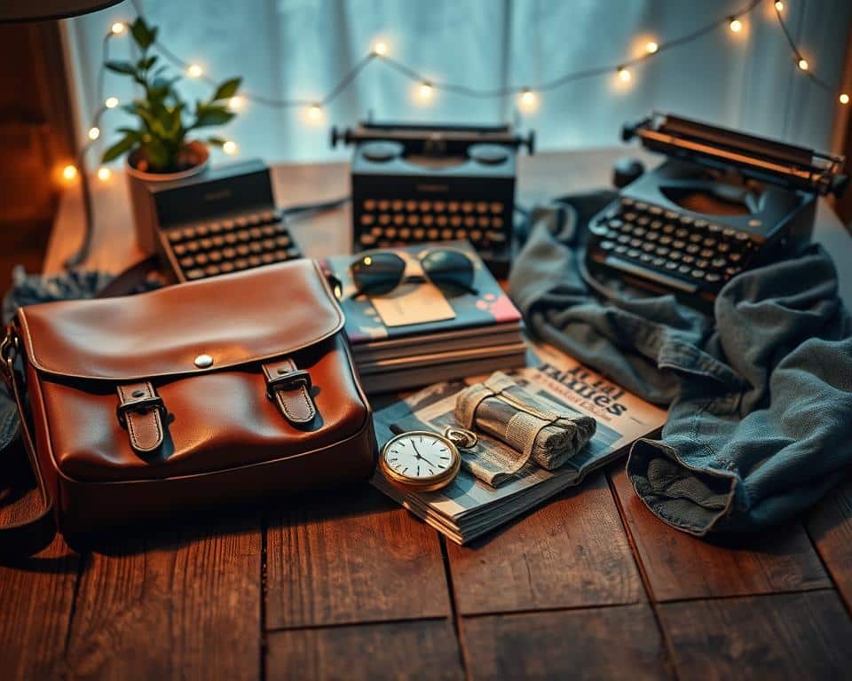 A collection of vintage fashion items carefully arranged on a rustic wooden table, illuminated by warm, soft lighting. In the foreground, a classic leather satchel, a pair of well-worn denim jeans, and a faded denim jacket. In the middle, an antique pocket watch, a stack of vintage-inspired magazines, and a pair of retro-style sunglasses. In the background, a vintage typewriter, a potted plant, and a string of fairy lights creating a cozy, nostalgic atmosphere. The overall scene evokes a sense of timeless style and effortless elegance, perfect for inspiring vintage-infused casual wear.