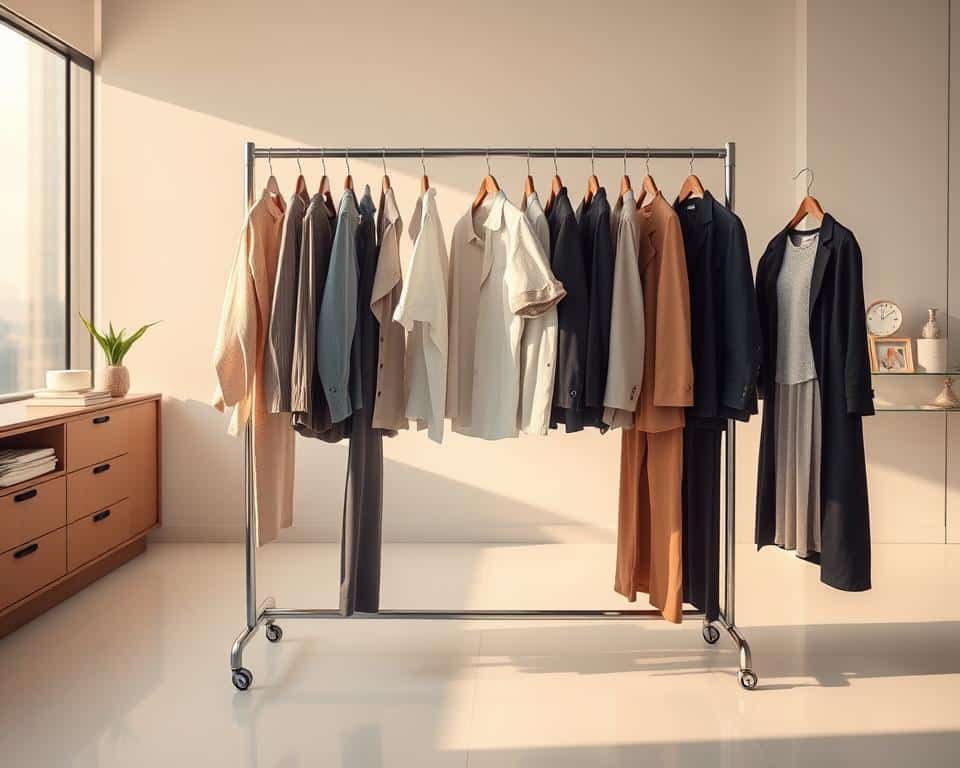 A crisp, well-lit office space with a modern, minimalist aesthetic. At the center, a neatly arranged rack displays a range of casual yet stylish work attire - button-down shirts, chinos, blazers, and neatly folded knitwear. The lighting is soft and diffuse, creating a warm, inviting atmosphere. In the background, a large window offers a glimpse of a bustling city skyline, adding a sense of urban sophistication. The overall mood is one of effortless professionalism, where form and function seamlessly blend to create a versatile, "smart casual" dress code for the creative workplace.