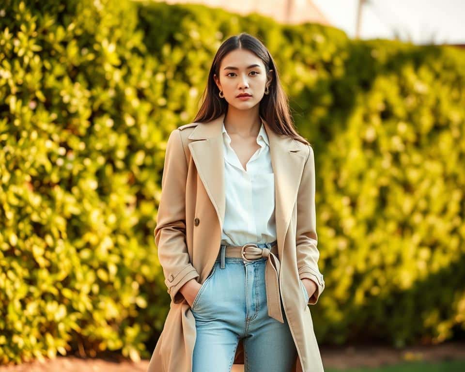 A fashionable woman stands in a sun-dappled spring garden, wearing a tailored beige coat over a crisp white blouse and light-wash blue jeans. The coat features subtle shoulder detailing and a waist-cinching belt, creating a flattering silhouette. Soft, diffused lighting illuminates her face, conveying a sense of freshness and optimism. The background features a lush, verdant hedge and the warm, golden glow of the afternoon sun, evoking the transition from winter to spring. The overall scene reflects a casual, yet refined aesthetic, perfectly capturing the "Winter to Spring: Fresh Layers That Breathe" theme.