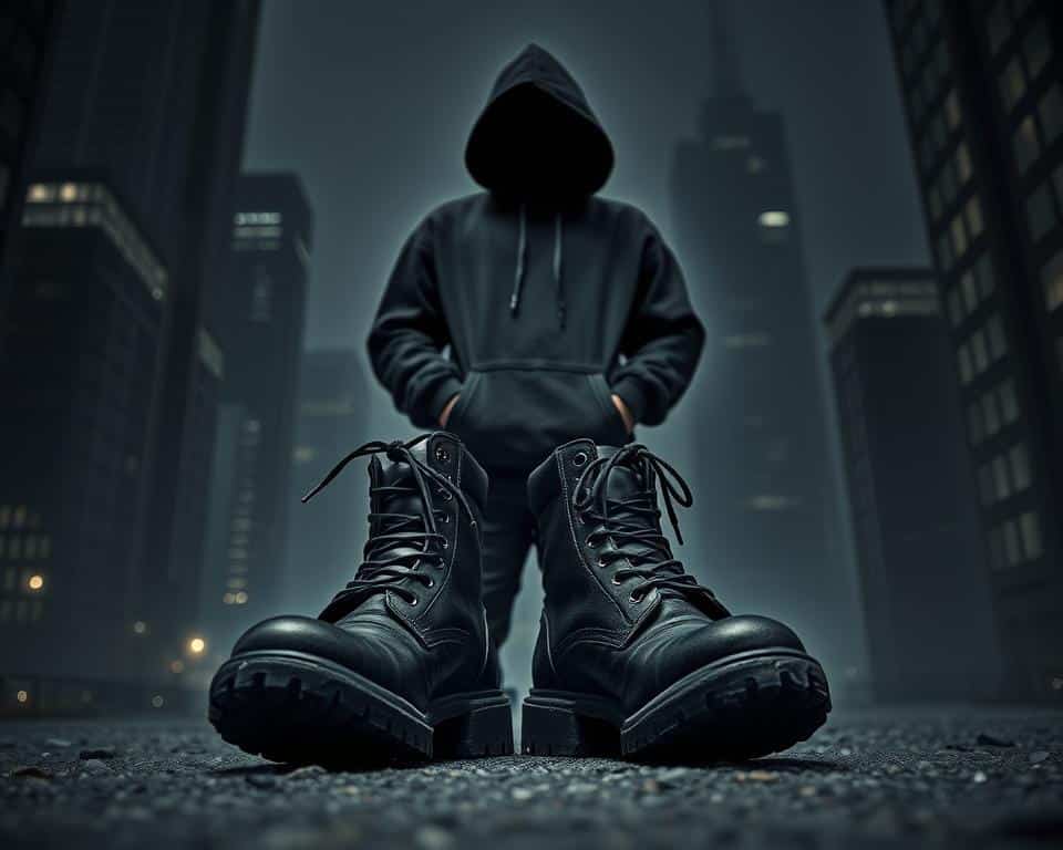 A grungy pair of black leather combat boots stands firmly in the foreground, their thick soles and rugged construction conveying a sense of edge and defiance. The boots are laced up tightly, the leather scuffed and worn, hinting at a life of adventure and exploration. In the middle ground, a dark, hooded silhouette stands in a pose of casual confidence, the oversized hoodie casting a moody shadow over the face. The figure's hands are tucked into the front pocket, further emphasizing the laidback, low-key vibe. The background is a muted, monochromatic cityscape, with towering buildings and dim, atmospheric lighting that creates a sense of urban grit and industrial chic. The overall scene evokes a cool, effortless style that is both edgy and effortless - the perfect complement to the "Edgy to low-key: black-on-black, hoodies, and boots" theme.