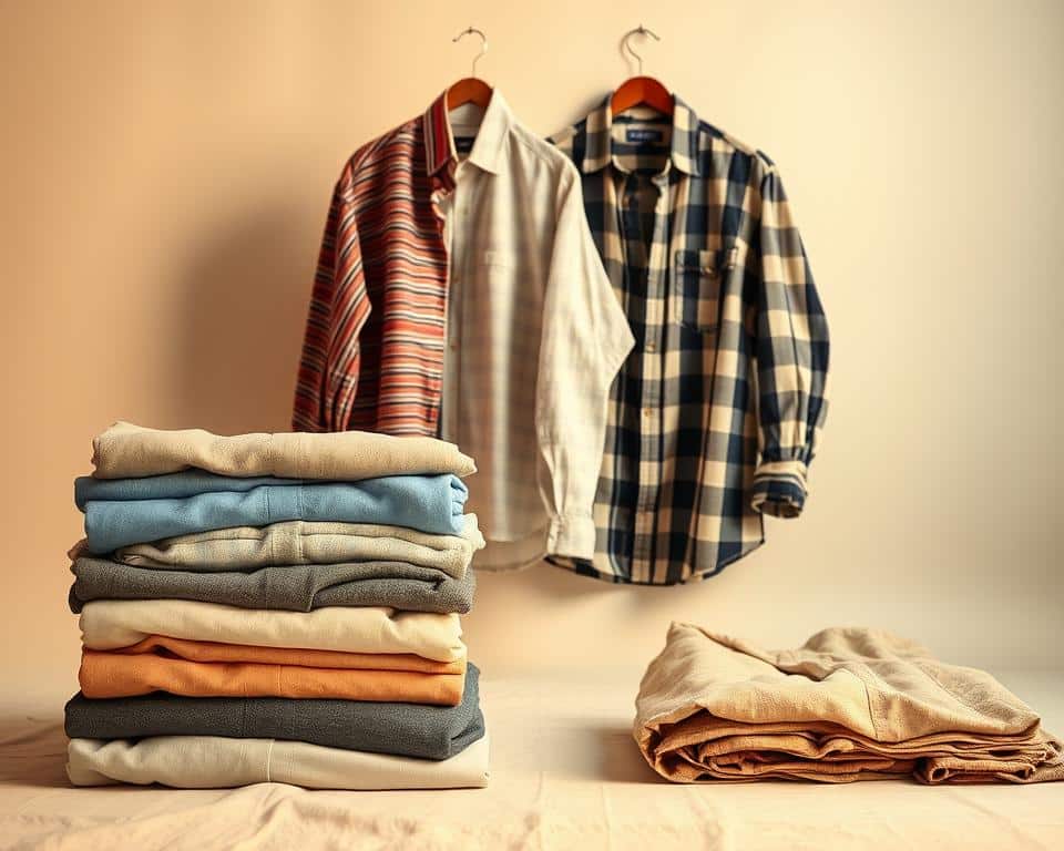 A neatly arranged checklist of casual shirts against a soft, muted background. In the foreground, a stack of folded shirts in various colors and fabrics - cotton, linen, and lightweight flannel. In the middle ground, a few hanging shirts showcasing different patterns and textures, such as stripes, checks, and subtle prints. The lighting is warm and diffused, creating a cozy, inviting atmosphere. The camera angle is slightly elevated, giving a birds-eye view of the setup, emphasizing the organized, contemplative nature of the scene. An image that visually conveys the idea of a comprehensive casual layering wardrobe.