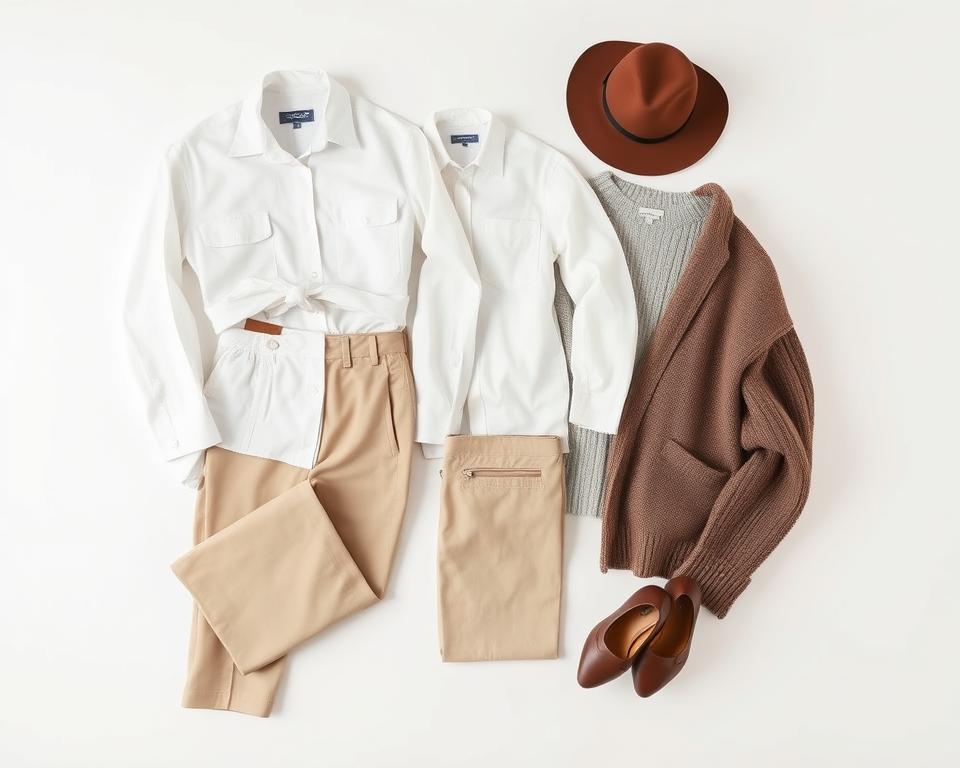 A neatly organized capsule wardrobe laid out on a bright, minimalist background. Perfectly coordinated pieces in a neutral color palette - crisp white button-up, chic trousers, a versatile sweater, and classic shoes. The outfits are versatile and interchangeable, creating multiple stylish looks for a short city getaway. Soft, diffused lighting highlights the high-quality fabrics and tailored silhouettes. The composition showcases how to pack smart and travel light without compromising on style.