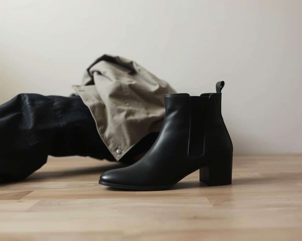 A pair of sleek, black ankle boots with a slight heel, resting on a wooden floor against a muted, neutral-toned backdrop. The boots have a smooth, supple leather upper and a sturdy sole, exuding a sense of effortless style and versatility. The lighting is soft and diffused, creating subtle shadows that accentuate the boots' contours. The composition is clean and minimalist, allowing the footwear to take center stage as the focal point, perfectly complementing the casual, oversized jacket aesthetic.