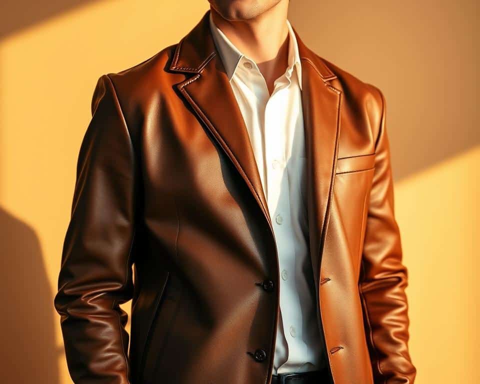 A refined men's leather jacket in a sleek, classic design. Crafted from supple, rich brown leather, the jacket features a tailored silhouette with a slightly boxy fit. The lapels are sharp and well-defined, complementing the straight cut of the shoulders. Subtle stitching details along the seams add a touch of refinement. The jacket is worn over a crisp white button-down shirt, creating a smart, transitional look that bridges the gap between formal and casual attire. Warm, golden lighting illuminates the scene, casting a soft glow on the leather and highlighting its luxurious texture. The jacket is photographed from a medium angle, showcasing its timeless appeal in a simple, elegant setting.
