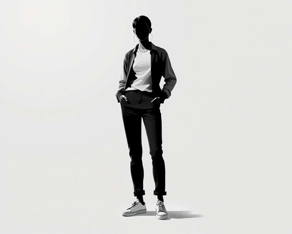 A sleek, minimalist body shape illustration in a muted monochrome palette, capturing the essence of stylish casual wear. A central figure stands in a relaxed, confident pose, showcasing the natural curves and contours of the human form. Subtle lighting creates depth and dimension, while a clean, uncluttered background allows the focus to remain on the subject. The overall aesthetic is one of understated elegance, reflecting the timeless appeal of well-fitting, high-quality casual attire. Crisp, high-resolution rendering with a cinematic, editorial quality.