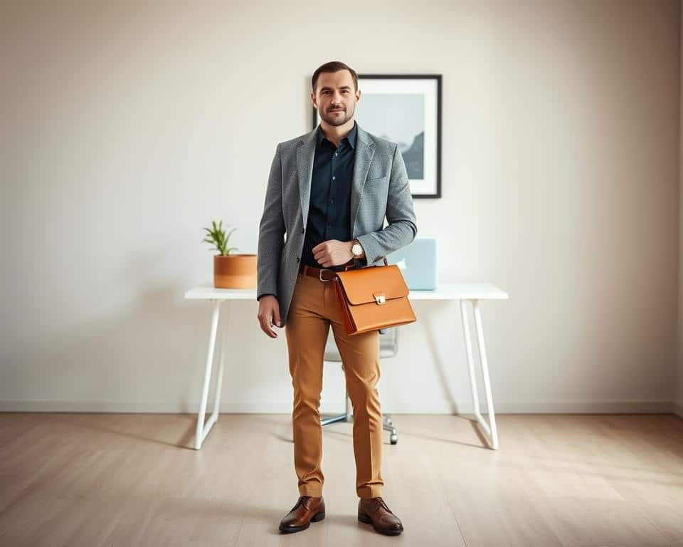 A smart, well-tailored business casual outfit set against a softly lit, minimalist office setting. In the foreground, a dark navy button-up shirt and tan slacks with a slim, tailored fit. Layered over this, a light gray wool blazer with subtle herringbone texture. Accessories include a tan leather briefcase, a steel-cased watch, and simple leather dress shoes. The middle ground features a clean, white desk with a laptop, a potted plant, and a framed piece of abstract wall art. The background is a neutral-toned, slightly textured wall, creating a calm, professional atmosphere ideal for the mild winter work environment.