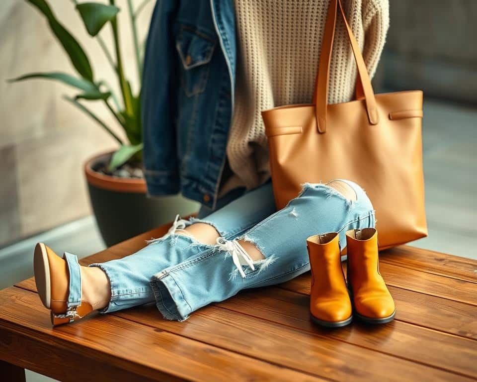 A stylish city sightseeing outfit displayed on a wooden table, with a warm, natural lighting and soft, diffused shadows. In the foreground, a casual yet chic ensemble of light blue distressed jeans, a beige knit sweater, and a tan leather tote bag. In the middle ground, a pair of cognac ankle boots and a denim jacket. In the background, a potted plant and a subtle texture of concrete or stone to suggest an urban setting. The overall mood is effortless, relaxed sophistication, reflecting the theme of "casual wear for city sightseeing that looks effortlessly styled".