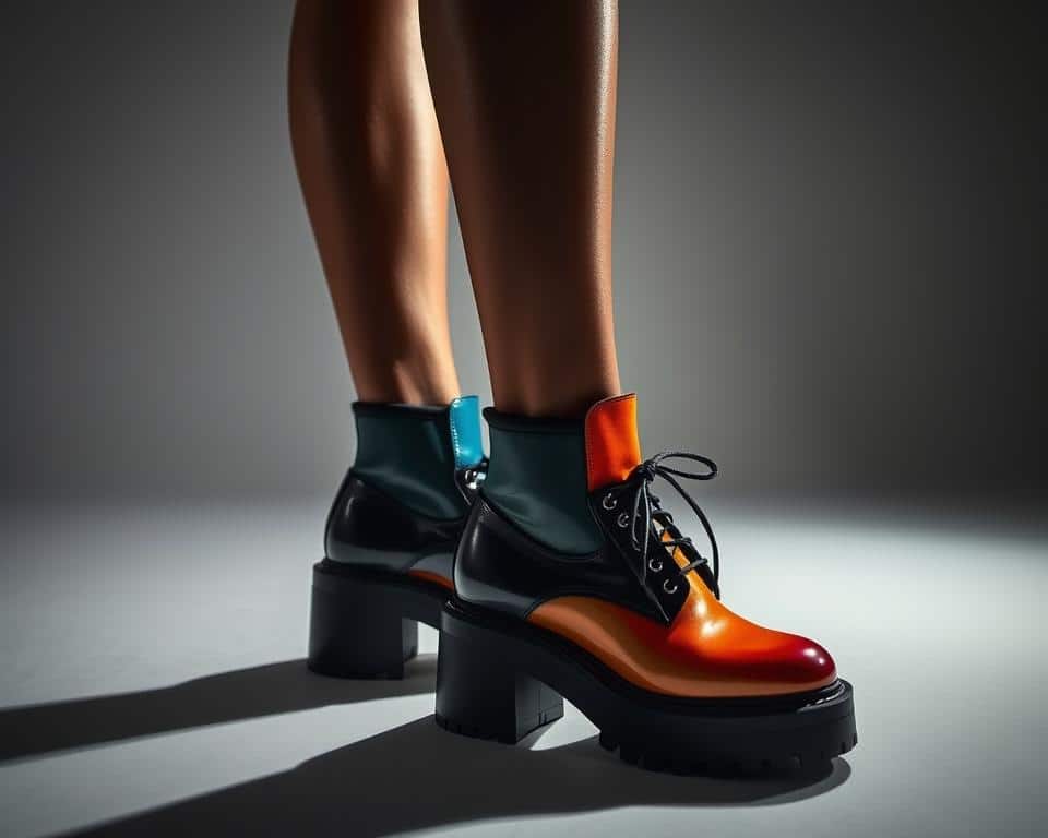 A stylish, fashion-forward pair of statement shoes, captured in a chic, high-contrast studio setting. The shoes are the focal point, showcasing bold, eye-catching details such as vibrant colors, unique textures, or unexpected silhouettes. The lighting is dramatic, with a soft, diffused illumination that accentuates the shoes' premium materials and construction. The background is simple and minimalist, allowing the shoes to take center stage and command attention. The overall mood is one of sophistication and confident self-expression, reflecting the power of a well-chosen, statement-making shoe to elevate a casual outfit.