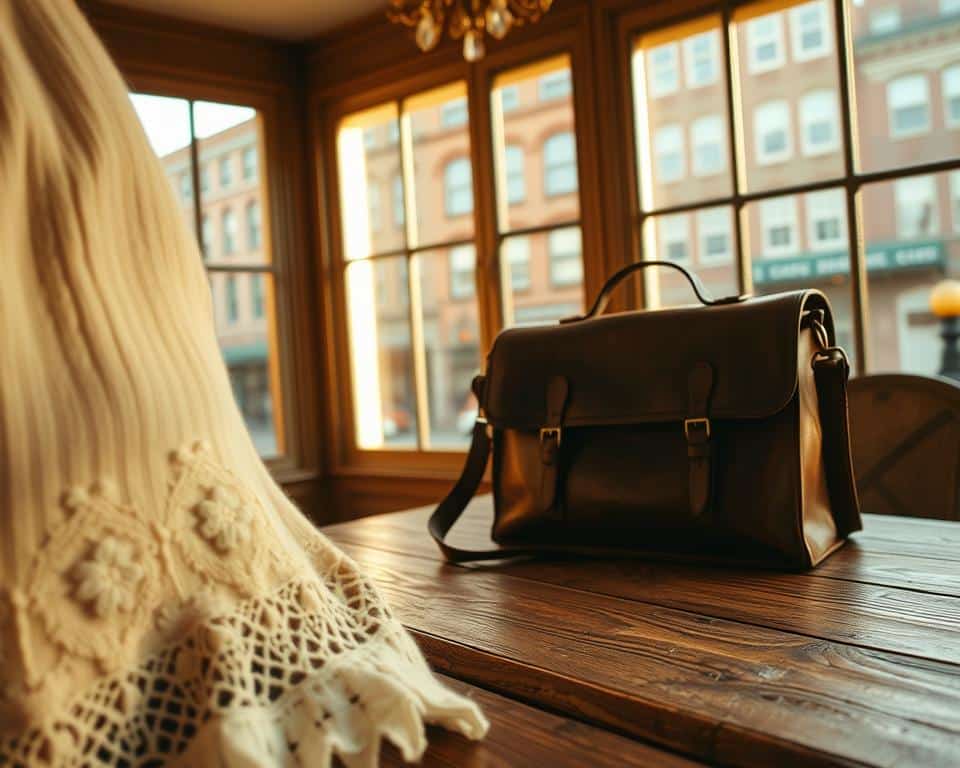 A timeless vintage scene, illuminated by warm, soft lighting. In the foreground, delicate lace trimmings and intricate floral embroidery adorn a cozy woolen sweater. In the middle ground, a worn leather satchel rests on a weathered wooden table, its patina hinting at years of cherished use. In the background, a large bay window casts a golden glow, revealing a quaint cityscape of historic brick buildings and cobblestone streets. The overall atmosphere evokes a sense of nostalgia, comfort, and a appreciation for the enduring style of the past.