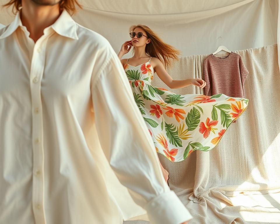 A vibrant array of breathable, lightweight fabrics in a relaxed, casual setting. In the foreground, a flowing linen shirt in a soft pastel shade, its texture capturing the essence of summer. Midground, a crisp, airy cotton dress in a bold, tropical print, dancing in a gentle breeze. In the background, a collection of textured, moisture-wicking knits and natural fibers like bamboo and rayon, creating a layered, visually interesting composition. Soft, diffused lighting illuminates the fabrics, highlighting their fluid drape and cooling properties. The overall atmosphere is one of effortless, summery elegance - the perfect antidote to humid weather.