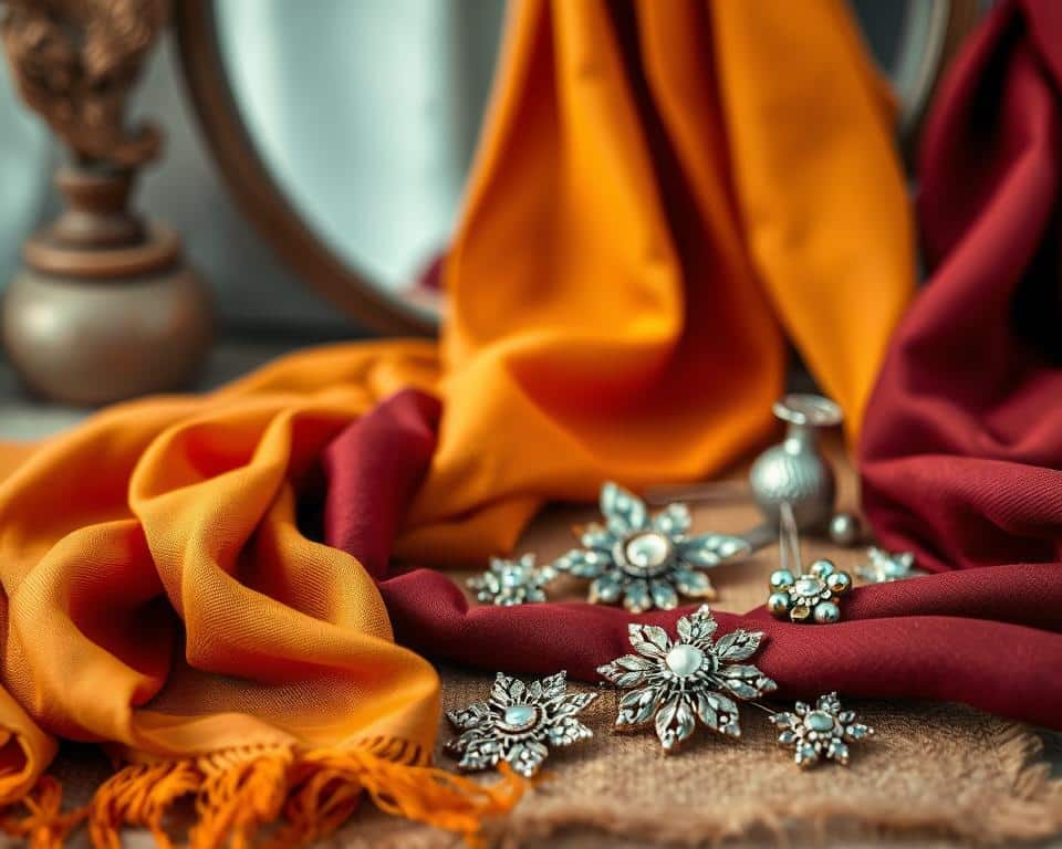 A vibrant still life capturing the essence of hair accessories and scarves. In the foreground, a cascade of luxurious silk and cashmere scarves in a harmonious palette of warm autumnal hues - ochre, rust, and deep burgundy. The scarves are draped gracefully, their textures and folds creating a visually captivating composition. In the middle ground, an array of delicate hair clips and pins made of intricate metalwork and beading, reflecting the light and adding a touch of glamour. The background is softly blurred, suggesting a cozy, intimate setting, perhaps a dressing table or vanity, allowing the accessories to take center stage. The lighting is gentle and diffused, creating a sense of warmth and sophistication. The overall mood is one of effortless elegance and personal style. Prompt