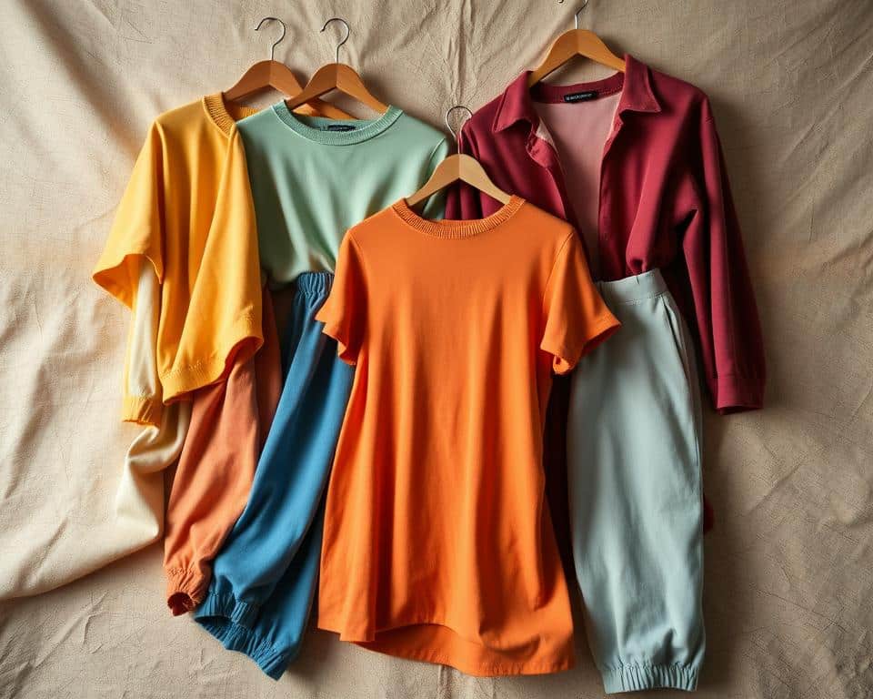 A vibrant still life showcasing a harmonious blend of casual wear color combinations. The foreground features an array of garments in complementary hues, artfully arranged on a textured, natural-toned background. The lighting is soft and diffused, creating a warm, inviting atmosphere. Subtle shadows and highlights accentuate the fabric textures and drape, while the camera angle provides a dynamic, three-dimensional perspective. The overall composition exudes a sense of effortless style and confidence, inspiring the viewer to explore the versatility of these casual wear color pairings.
