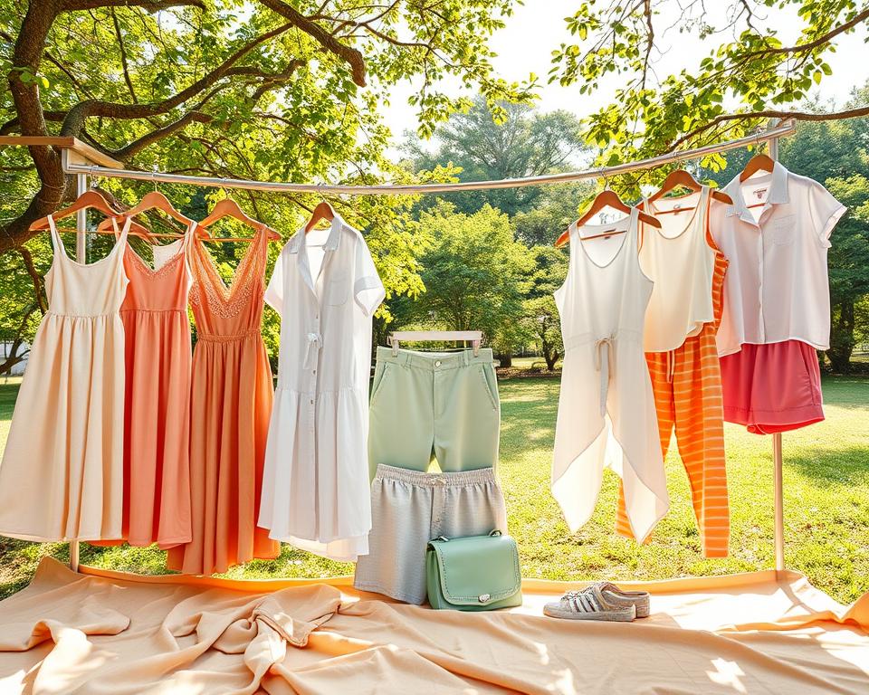 A vibrant summer wardrobe set against the backdrop of a breezy outdoor scene. In the foreground, an array of lightweight, breathable fabrics in summery hues - airy sundresses, flowy skirts, and crisp button-down shirts. The middle ground features comfortable, moisture-wicking shorts and tank tops, perfect for active days. In the background, a lush, verdant landscape with dappled sunlight filtering through the trees, creating a serene, relaxed atmosphere. The lighting is natural and warm, accentuating the casual, carefree mood. The composition utilizes a wide angle lens to capture the full breadth of the summer wardrobe ensemble, allowing the viewer to visualize building a versatile collection for hot, humid climates.