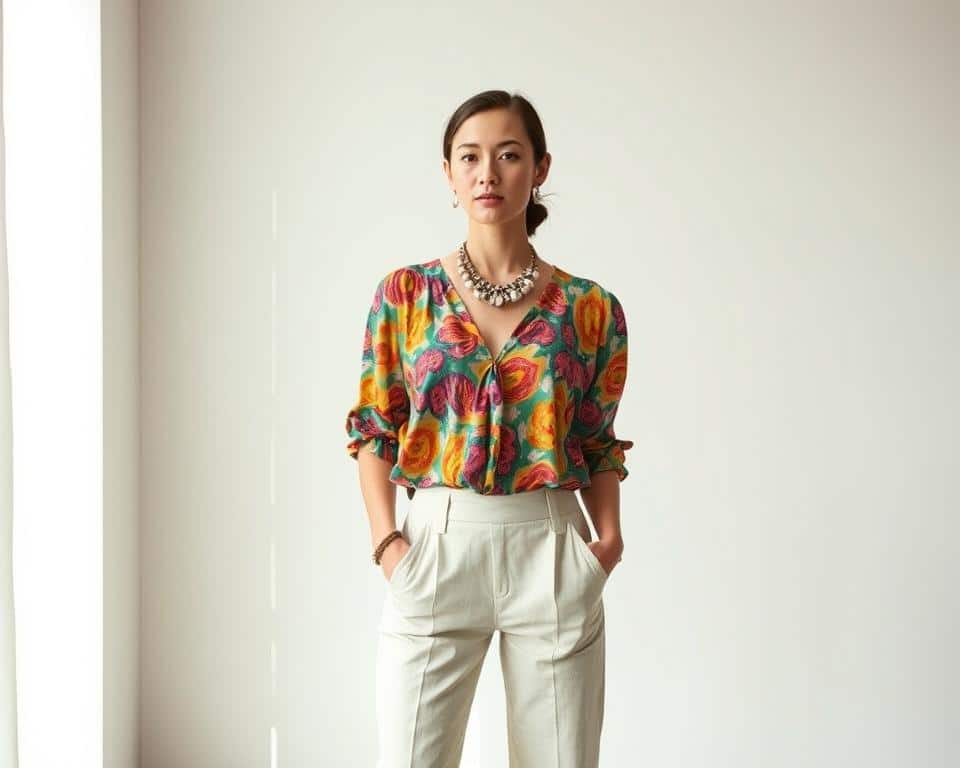 A well-curated, vibrant outfit on a fashionable model, set against a softly blurred, minimalistic background. The subject stands in a natural, relaxed pose, highlighting a colorful, patterned blouse or top as the focal point. Accents like a statement necklace, bracelet, or scarf add visual interest and depth. Lighting is soft and diffused, creating gentle shadows and highlights that enhance the texture and movement of the fabrics. The overall atmosphere is one of effortless style and a confident, playful spirit.