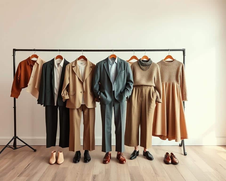 A well-lit modern studio with soft, natural lighting and a minimalist backdrop. In the foreground, a neatly arranged collection of casual yet stylish outfits, showcasing a variety of tops, bottoms, and accessories in muted, earthy tones. The middle ground features a mix of office-appropriate ensembles, including a tailored blazer, a crisp button-up shirt, and slim-fit trousers. In the background, a few additional outfit options, such as a comfortable knit sweater, a flowing midi skirt, and a pair of sleek leather loafers, creating a visually appealing and inspirational display of versatile workwear options.