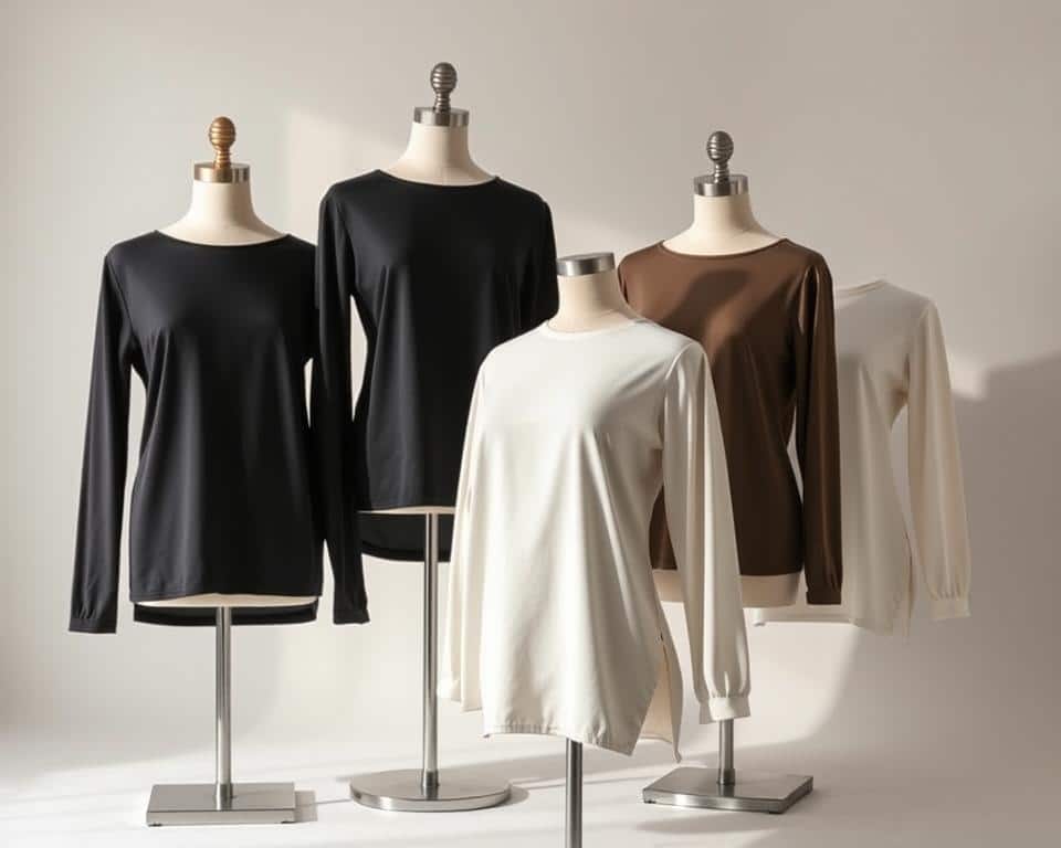 A well-lit studio scene showcasing a collection of high-quality, long-sleeve tops designed for tall women. Elegant, minimalist tops with longer torso lengths and sleeve proportions tailored to flatter a tall frame. The tops are displayed on neutral-colored mannequins or hangers, allowing the clean lines and premium fabrics to be the focal point. Soft, directional lighting accentuates the textures and drape of the garments. The composition is balanced, with the tops arranged in a visually appealing manner to showcase their versatility and style. An overall sense of sophistication and attention to the needs of tall female consumers.