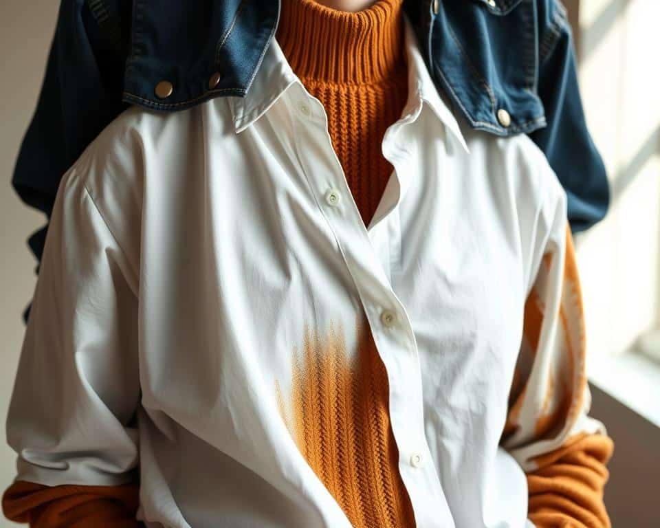 A well-lit studio scene showcasing a layered casual outfit. In the foreground, a crisp white collared shirt, its fabric falling in soft folds. Overlapping in the middle ground, a cozy knit sweater in a warm caramel hue. In the background, a structured denim jacket, its dark indigo color complementing the other layers. Natural lighting filters in from the side, casting gentle shadows and highlights to accentuate the textures. The composition is balanced, allowing each piece to shine while demonstrating how they seamlessly integrate into a cohesive layered look. The mood is one of casual sophistication, inviting the viewer to envision how these layers could provide all-season comfort.