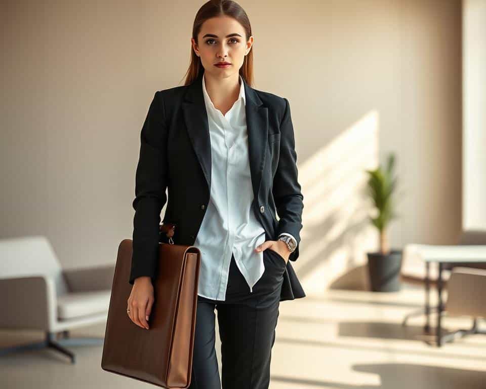 Prompt A chic and polished monochrome work outfit, featuring a tailored black blazer with subtle textural details, paired with a crisp white button-down shirt and slim-fit black trousers. The outfit is accessorized with a sleek leather briefcase and a minimalist silver wristwatch, creating a sophisticated, professional look. The model stands in a well-lit office setting, with a clean and modern backdrop of neutral-toned walls and minimalist furniture, bathed in warm, natural lighting that casts soft shadows and highlights the outfit's clean lines and elegant silhouette.